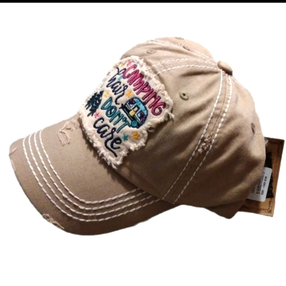 Camping Hair Don't Care Distressed Cap NWT